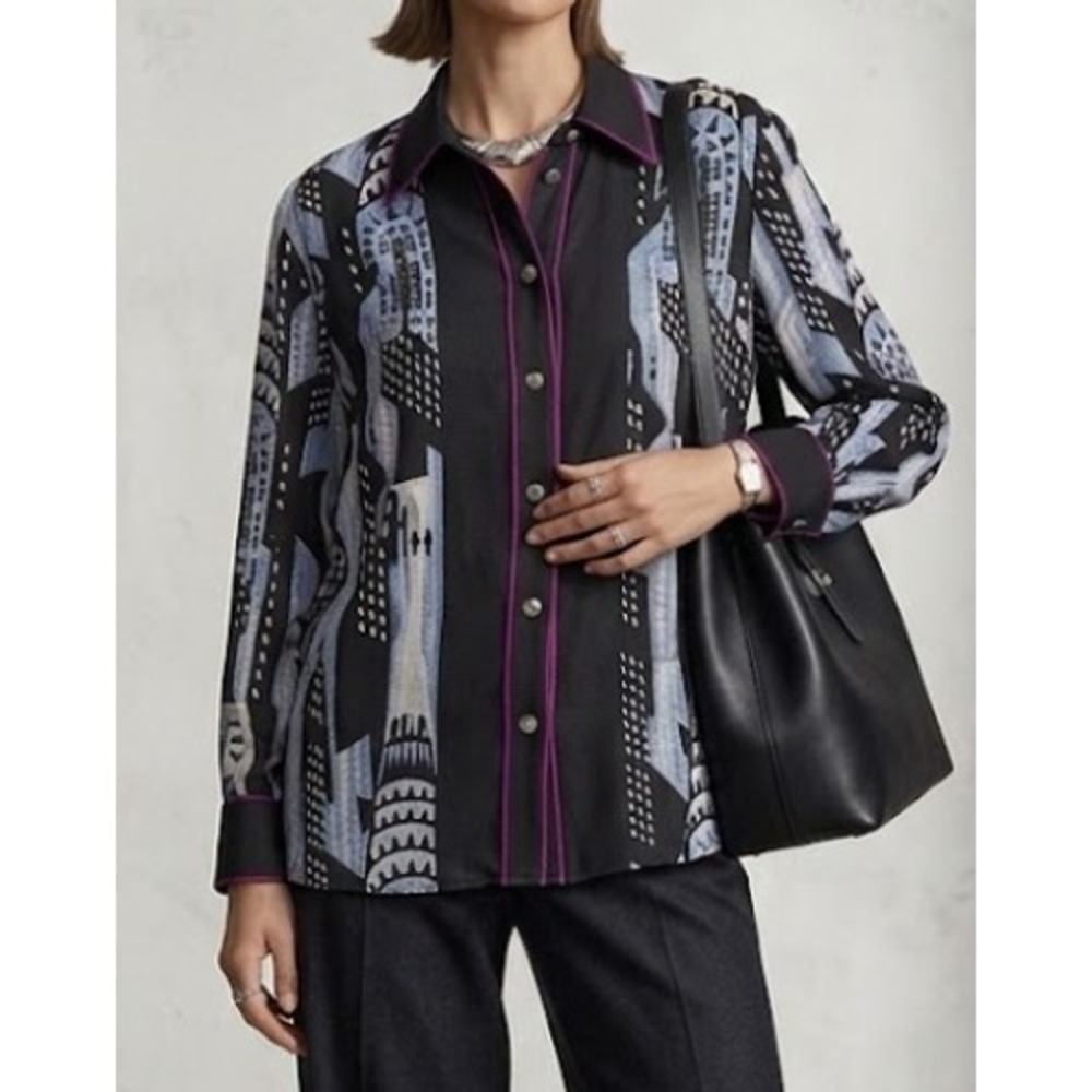 Bob‎ Mackie Wearable Art Silk Blouse Art Deco Skyscraper Print Black Magenta M